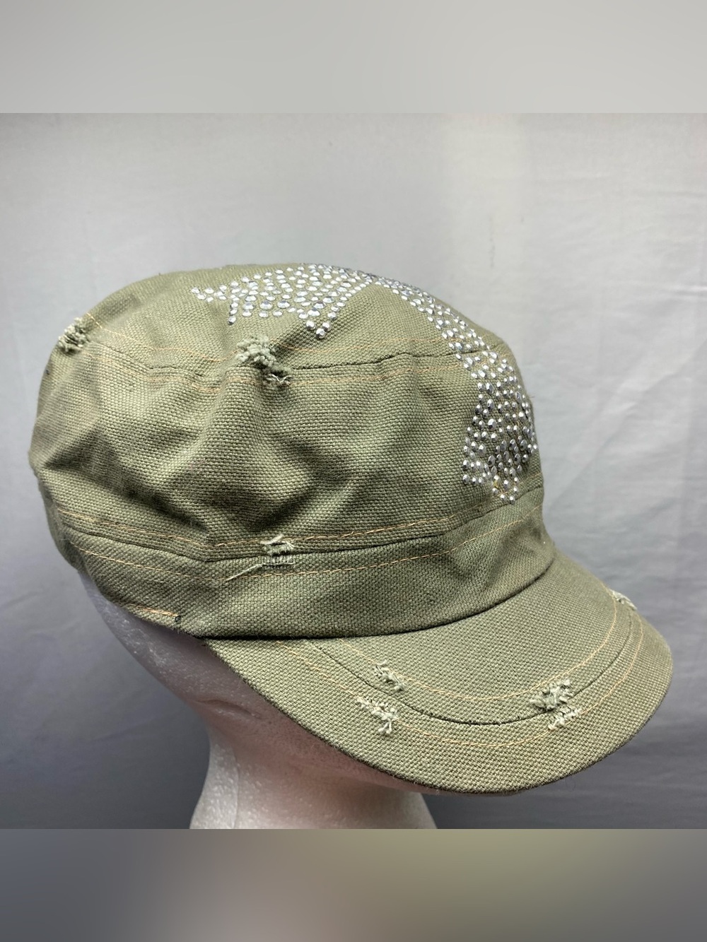 Manhattan Hat Company Olive Green Rhinestone Distressed Military Cross Cadet Cap